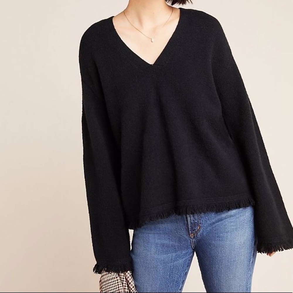 Anthropologie Joy Fringed V-Neck Sweater